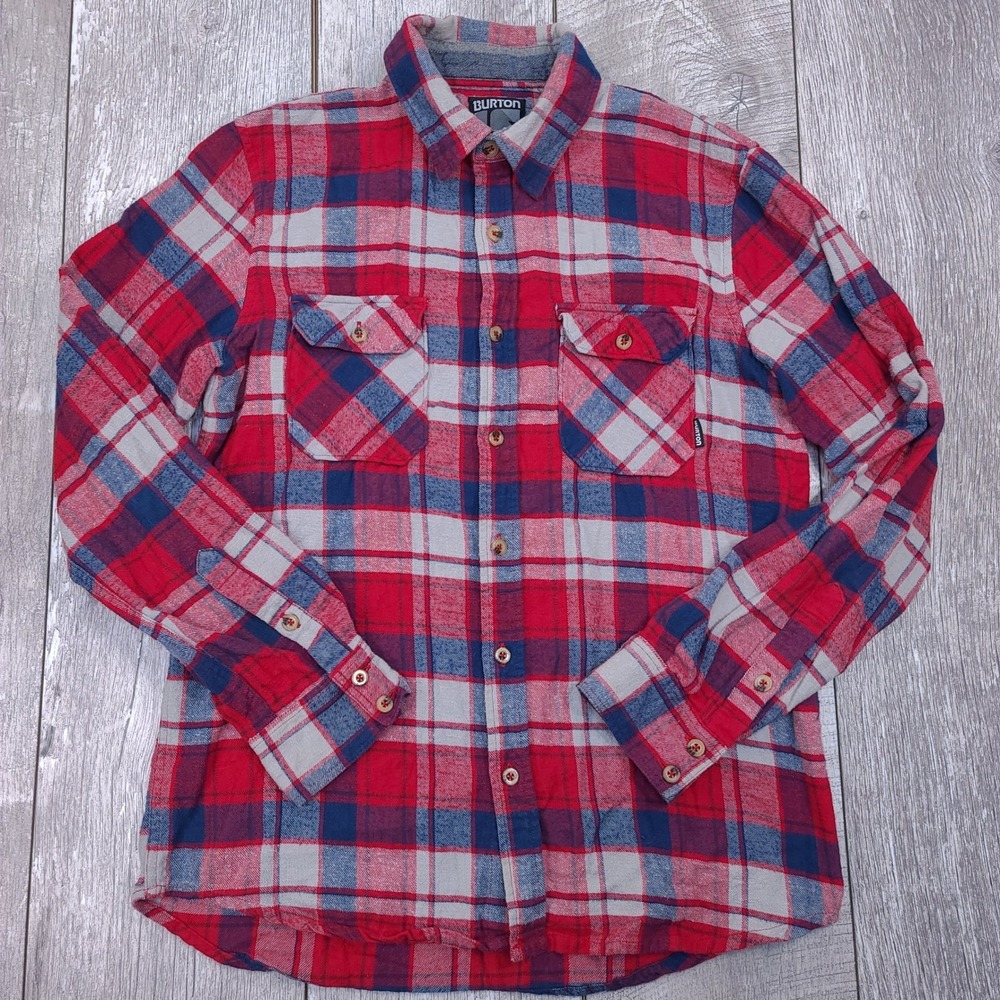 Burton Flannel Button Shirt Womens Size Medium Red Blue Plaid Long Sleeve Top